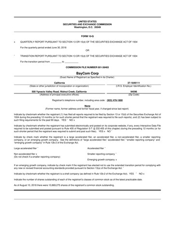 Thumbnail BayCom (United Business Bank) 10-Q Quarterly Report FY2018 
