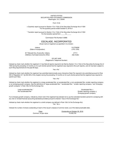 Thumbnail Escalade Sports 10-Q Quarterly Report FY 