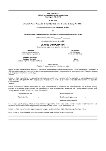 Thumbnail Clarus
 10-Q Quarterly Report FY2018 