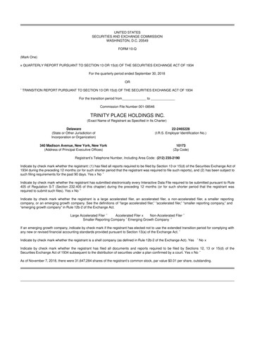 Miniature Trinity Place Holdings
 10-Q Rapport trimestriel 2018 