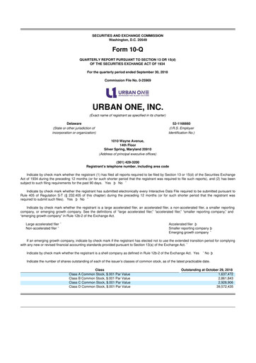 Miniature Urban One
 10-Q Rapport trimestriel 2018 