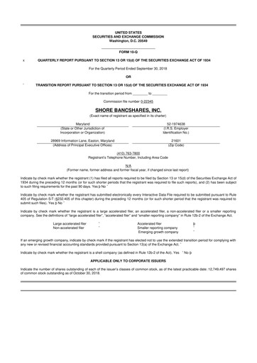 Thumbnail Shore Bancshares 10-Q Quarterly Report FY2018 