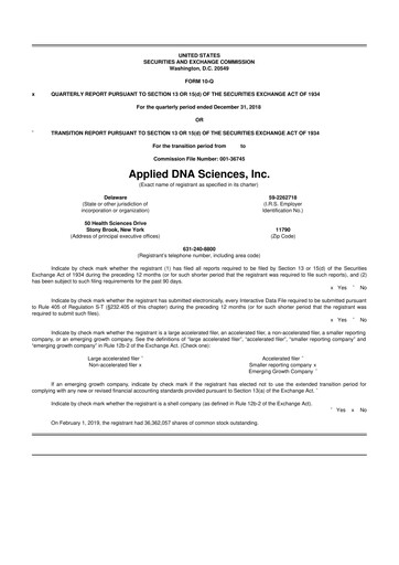 Miniature Applied DNA Sciences
 10-Q Rapport trimestriel 2019 