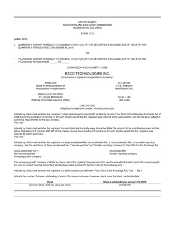 Thumbnail ESCO Technologies
 10-Q Quarterly Report FY2019 