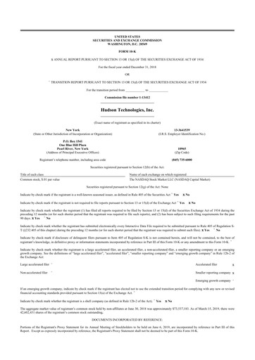 Thumbnail Hudson Technologies 10-K Annual Report 2018