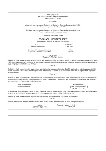 Thumbnail Escalade Sports 10-Q Quarterly Report FY 
