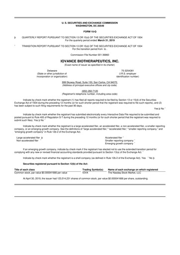 Miniature Iovance Biotherapeutics
 10-Q Rapport trimestriel 2019 