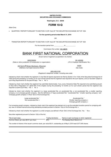 Thumbnail Bank First 10-Q Quarterly Report FY2019 