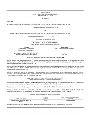 Miniature Trinity Place Holdings
 10-Q Rapport trimestriel 2019 