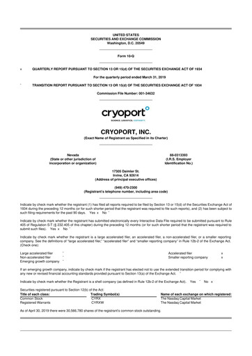 Thumbnail CryoPort 10-Q Quarterly Report FY2019 