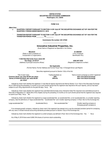 Thumbnail Innovative Industrial Properties
 10-Q Quarterly Report FY2019 