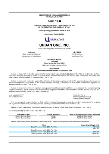 Miniature Urban One
 10-Q Rapport trimestriel 2019 