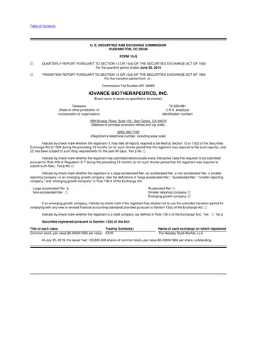 Miniature Iovance Biotherapeutics
 10-Q Rapport trimestriel 2019 