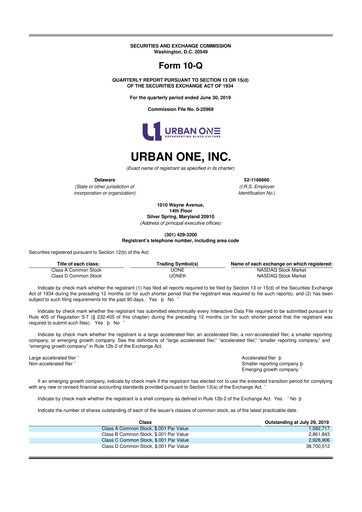 Miniature Urban One
 10-Q Rapport trimestriel 2019 