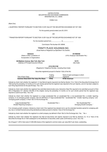 Miniature Trinity Place Holdings
 10-Q Rapport trimestriel 2019 