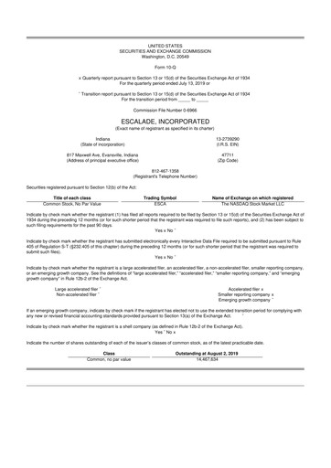 Thumbnail Escalade Sports 10-Q Quarterly Report FY 