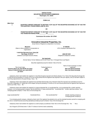 Thumbnail Innovative Industrial Properties
 10-Q Quarterly Report FY2019 