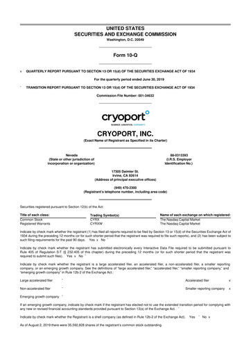 Thumbnail CryoPort 10-Q Quarterly Report FY2019 