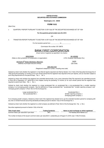 Thumbnail Bank First 10-Q Quarterly Report FY2019 