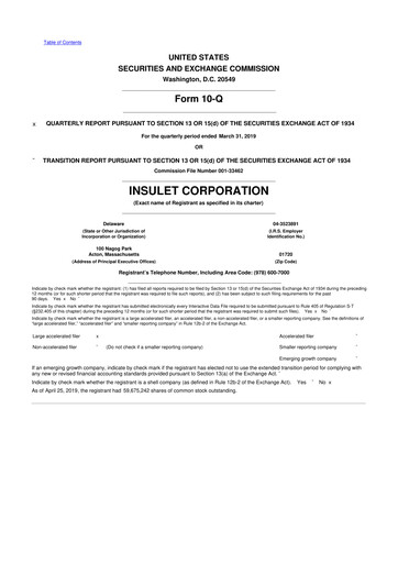 Thumbnail Insulet 10-Q Quarterly Report FY2019 