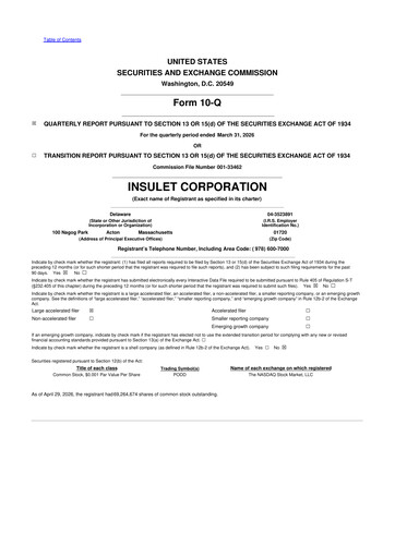 Thumbnail Insulet 10-Q Quarterly Report FY 