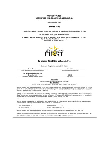 Thumbnail Southern First Bancshares 10-Q Quarterly Report FY 