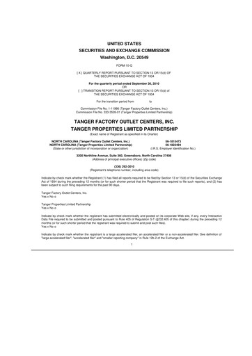 Miniature Tanger Inc.
 10-Q Rapport trimestriel 2010 