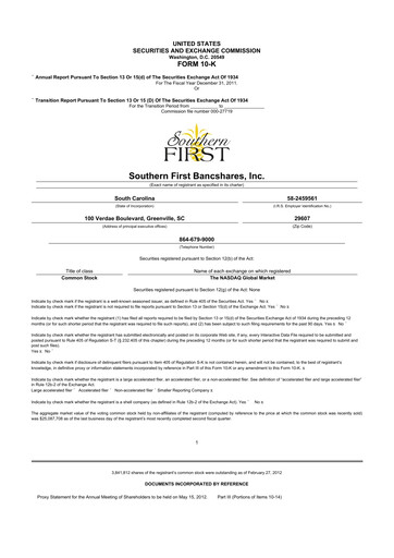 Thumbnail Southern First Bancshares 10-K Annual Report 2011