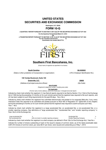 Thumbnail Southern First Bancshares 10-Q Quarterly Report FY2012 