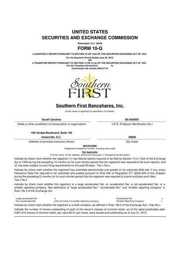 Thumbnail Southern First Bancshares 10-Q Quarterly Report FY2012 