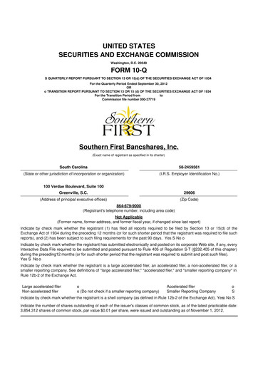 Thumbnail Southern First Bancshares 10-Q Quarterly Report FY2012 