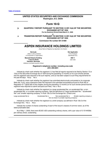 Thumbnail Aspen Insurance 10-Q Quarterly Report FY 