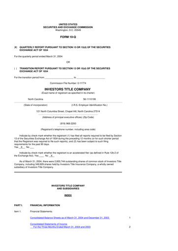 Thumbnail Investors Title Company
 10-Q Quarterly Report FY 