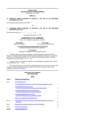 Thumbnail Investors Title Company
 10-Q Quarterly Report FY 