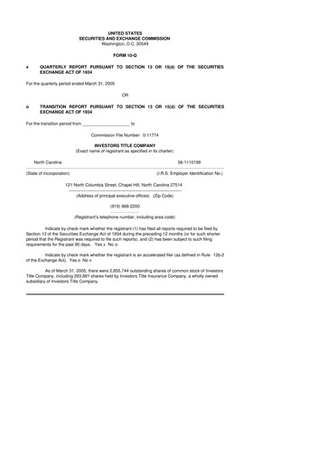 Thumbnail Investors Title Company
 10-Q Quarterly Report FY 