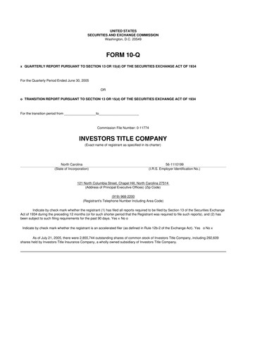 Thumbnail Investors Title Company
 10-Q Quarterly Report FY 