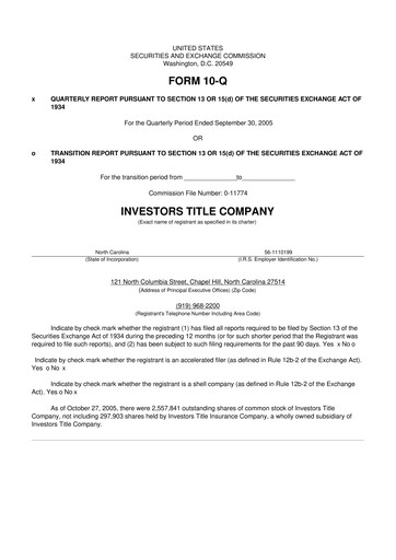 Thumbnail Investors Title Company
 10-Q Quarterly Report FY 
