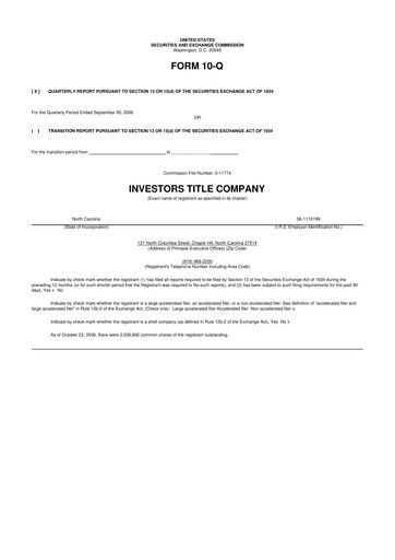 Thumbnail Investors Title Company
 10-Q Quarterly Report FY 