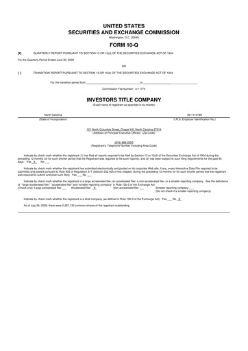 Thumbnail Investors Title Company
 10-Q Quarterly Report FY 