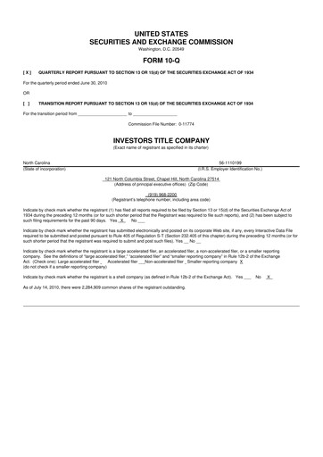 Thumbnail Investors Title Company
 10-Q Quarterly Report FY 