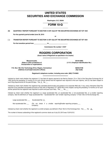 Miniature Rogers Corporation
 10-Q Rapport trimestriel  