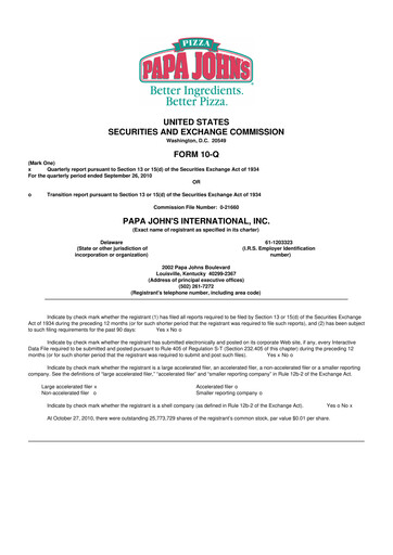 Miniature Papa John's Pizza
 10-Q Rapport trimestriel 2010 