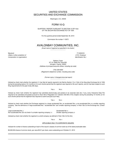 Thumbnail AvalonBay Communities 10-Q Quarterly Report FY2010 