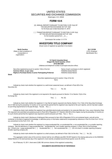Thumbnail Investors Title Company
 10-K Annual Report 