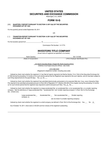 Thumbnail Investors Title Company
 10-Q Quarterly Report FY2011 