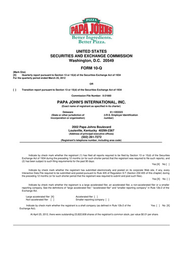 Miniature Papa John's Pizza
 10-Q Rapport trimestriel 2012 