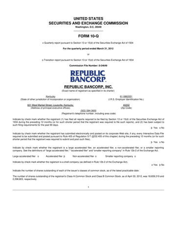 Thumbnail Republic Bank 10-Q Quarterly Report FY2012 