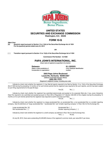 Miniature Papa John's Pizza
 10-Q Rapport trimestriel 2012 