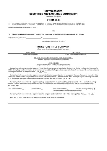 Thumbnail Investors Title Company
 10-Q Quarterly Report FY2012 