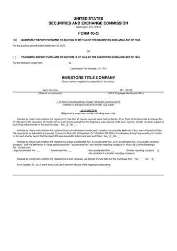 Thumbnail Investors Title Company
 10-Q Quarterly Report FY2012 